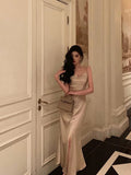 Niulatu Sheath Spaghetti Straps Champagne Slit Prom Dresses Long Birthday Outfit SD706