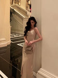 Niulatu Sheath Spaghetti Straps Champagne Slit Prom Dresses Long Birthday Outfit SD706