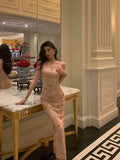 Niulatu Sheath Spaghetti Straps Floral Pink Prom Dresses Tea Length Birthday Outfit SD707