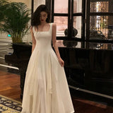 Niulatu A line Square Neckline Sleeveless White Date Night Dress Prom Dresses Birthday Outfits SD708