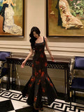 Niulatu Mermaid Spaghetti Straps Floral Black Prom Dresses Birthday Outfits SD709