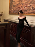 Niulatu Sheath Off The Shoulder Long Sleeves Black Tea Length Prom Dresses Birthday Outfits SD710