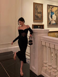 Niulatu Sheath Off The Shoulder Long Sleeves Black Tea Length Prom Dresses Birthday Outfits SD710