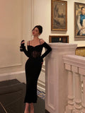 Niulatu Sheath Off The Shoulder Long Sleeves Black Tea Length Prom Dresses Birthday Outfits SD710
