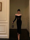 Niulatu Sheath Off The Shoulder Long Sleeves Black Tea Length Prom Dresses Birthday Outfits SD710