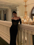 Niulatu Sheath Off The Shoulder Long Sleeves Black Tea Length Prom Dresses Birthday Outfits SD710