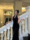 Niulatu Sheath Halter Sleeveless Black Velvet Tea Length Prom Dresses Birthday Outfits SD712