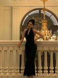 Niulatu Sheath Halter Sleeveless Black Velvet Tea Length Prom Dresses Birthday Outfits SD712