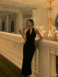 Niulatu Sheath Halter Sleeveless Black Velvet Tea Length Prom Dresses Birthday Outfits SD712
