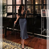 Niulatu Sheath V Neckline Sleeveless Navy Blue Tea Length Prom Dresses Birthday Outfits SD713