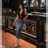 Niulatu Sheath V Neckline Sleeveless Navy Blue Tea Length Prom Dresses Birthday Outfits SD713