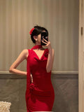 Niulatu Sheath Straps Sleeveless Floral Date Night Dress Red Prom Dresses Birthday Outfits SD715