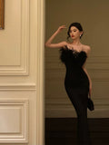 Niulatu Sheath Strapless Black Satin Feather Prom Dresses Birthday Outfits SD716