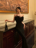 Niulatu Sheath Strapless Black Satin Feather Prom Dresses Birthday Outfits SD716