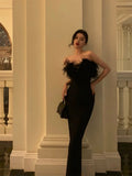 Niulatu Sheath Strapless Black Satin Feather Prom Dresses Birthday Outfits SD716