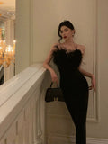 Niulatu Sheath Strapless Black Satin Feather Prom Dresses Birthday Outfits SD716
