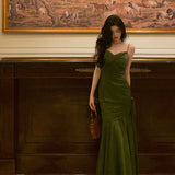 Niulatu Mermaid Spaghetti Straps Olive Green Satin Long Prom Dresses Birthday Outfit SD719