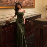 Niulatu Mermaid Spaghetti Straps Olive Green Satin Long Prom Dresses Birthday Outfit SD719