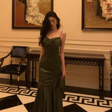 Niulatu Mermaid Spaghetti Straps Olive Green Satin Long Prom Dresses Birthday Outfit SD719