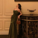 Niulatu Mermaid Spaghetti Straps Olive Green Satin Long Prom Dresses Birthday Outfit SD719