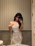Niulatu Sheath Straps White Satin Long Prom Dresses Birthday Outfit SD720