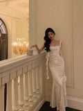 Niulatu Sheath Straps White Satin Long Prom Dresses Birthday Outfit SD720