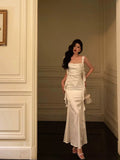 Niulatu Sheath Straps White Satin Long Prom Dresses Birthday Outfit SD720