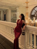 Niulatu Sheath Halter Burgundy Sleeveless Lace Date Night Dress Prom Dresses Birthday Outfit SD723