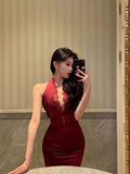 Niulatu Sheath Halter Burgundy Sleeveless Lace Date Night Dress Prom Dresses Birthday Outfit SD723