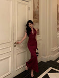 Niulatu Sheath Halter Burgundy Sleeveless Lace Date Night Dress Prom Dresses Birthday Outfit SD723