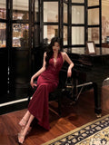 Niulatu Sheath Halter Burgundy Sleeveless Lace Date Night Dress Prom Dresses Birthday Outfit SD723