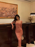 Niulatu Sheath Square Neckline Long Sleeves Pink Lace Prom Dresses Birthday Outfits SD726