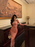 Niulatu Sheath Square Neckline Long Sleeves Pink Lace Prom Dresses Birthday Outfits SD726