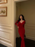 Niulatu Mermaid V Neckline Long Sleeves Red Date Night Dress Prom Dresses Birthday Outfit SD727