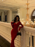 Niulatu Mermaid V Neckline Long Sleeves Red Date Night Dress Prom Dresses Birthday Outfit SD727