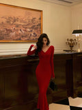 Niulatu Mermaid V Neckline Long Sleeves Red Date Night Dress Prom Dresses Birthday Outfit SD727