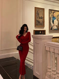 Niulatu Mermaid V Neckline Long Sleeves Red Date Night Dress Prom Dresses Birthday Outfit SD727