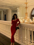 Niulatu Mermaid V Neckline Long Sleeves Red Date Night Dress Prom Dresses Birthday Outfit SD727