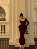 Niulatu Sheath Halter Long Sleeves Burgundy Velvet Date Night Dress Prom Dresses Birthday Outfit SD728