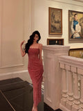 Niulatu Sheath Spaghetti Straps Pink Sleeveless Lace Prom Dresses Birthday Outfits SD735