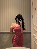 Niulatu Sheath Spaghetti Straps Pink Sleeveless Lace Prom Dresses Birthday Outfits SD735