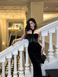 Niulatu Sheath High Neckline Black Velvet Long Prom Dresses Birthday Outfits SD737