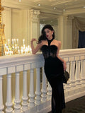 Niulatu Sheath High Neckline Black Velvet Long Prom Dresses Birthday Outfits SD737