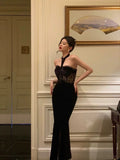 Niulatu Sheath High Neckline Black Velvet Long Prom Dresses Birthday Outfits SD737