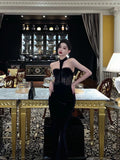 Niulatu Sheath High Neckline Black Velvet Long Prom Dresses Birthday Outfits SD737
