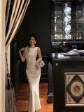 Niulatu Mermaid Jewel Sleeveless White Satin Prom Dresses Birthday Outfits SD738