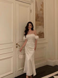 Niulatu Sheath Off The Shoulder White Satin Slit Prom Dresses Birthday Outfits SD739