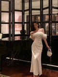 Niulatu Sheath Off The Shoulder White Satin Slit Prom Dresses Birthday Outfits SD739