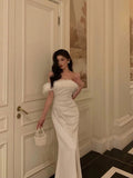Niulatu Sheath Off The Shoulder White Satin Slit Prom Dresses Birthday Outfits SD739