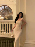Niulatu Sheath Straps Ivory Long Tulle Prom Dresses Birthday Outfits SD741